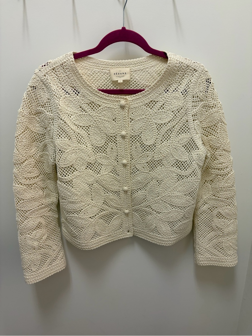 Sezane Cream Crochet Knit Cardigan Jacket